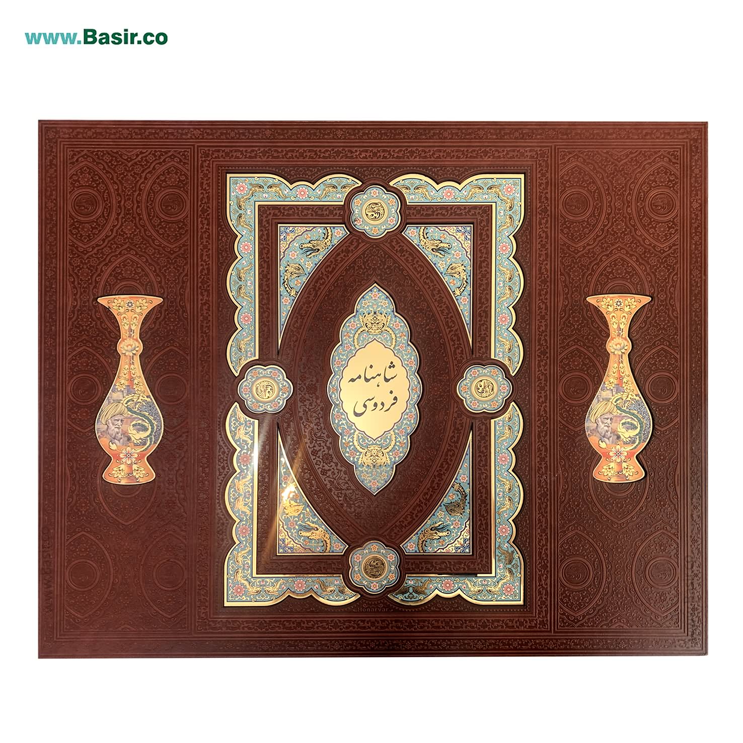 مجموعه نفیس شاهنامه چرمی همراه با دو گلدان خاتم و جعبه